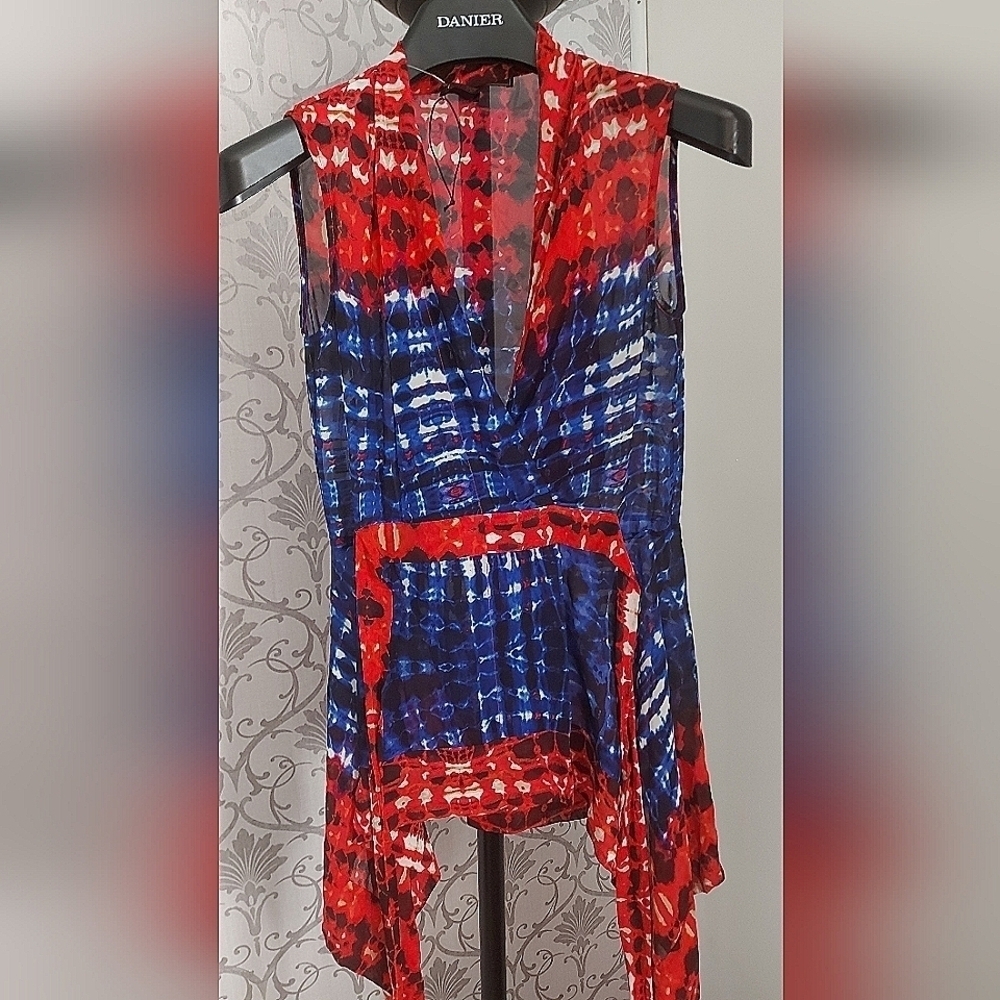 BCBG Asymmetrical Blouse XXS Tie-Dye Print Wrap Top Boho Chic Festival Vibe